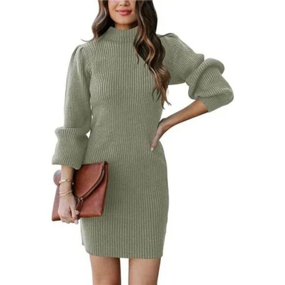 New Elasticity Slim Sweater Bodycon Mini Sweater Dress, Beauty Green - Picture 2 of 6
